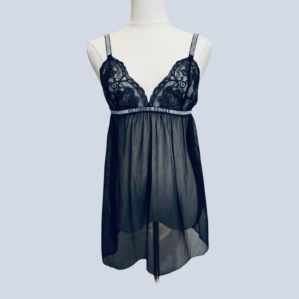 Victoria's‎ Secret Black Lace Sheer Babydoll Lingerie Rhinestone Straps Waist M